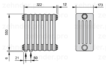 Схема (чертеж) Радиатор Zehnder Charleston 5055/7 №3370 Белый глянцевый RAL 9016